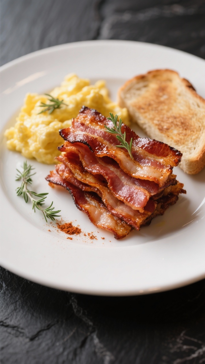 Final plated dish: Restaurant-style breakfast plate featuring a neat stack of broiled bacon strips,
