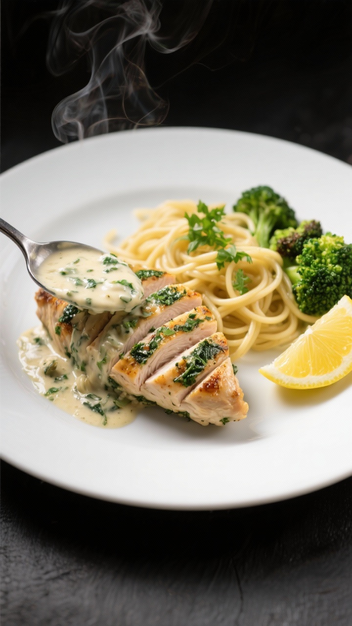 Final plated dish: Restaurant-style plating of a single spinach artichoke chicken breast sliced at a