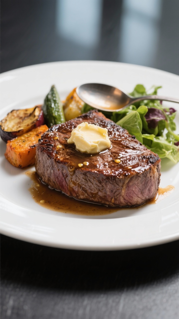 Final plated dish: Restaurant-style plating of a whole air-fried filet mignon with a glossy seared e