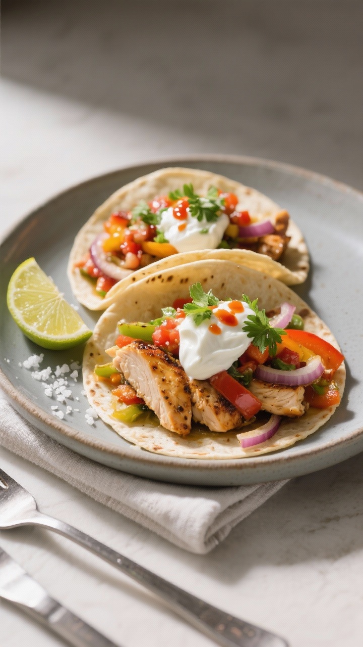 Final plated dish, restaurant-style presentation: Beautifully plated chicken fajita tacos (two or th