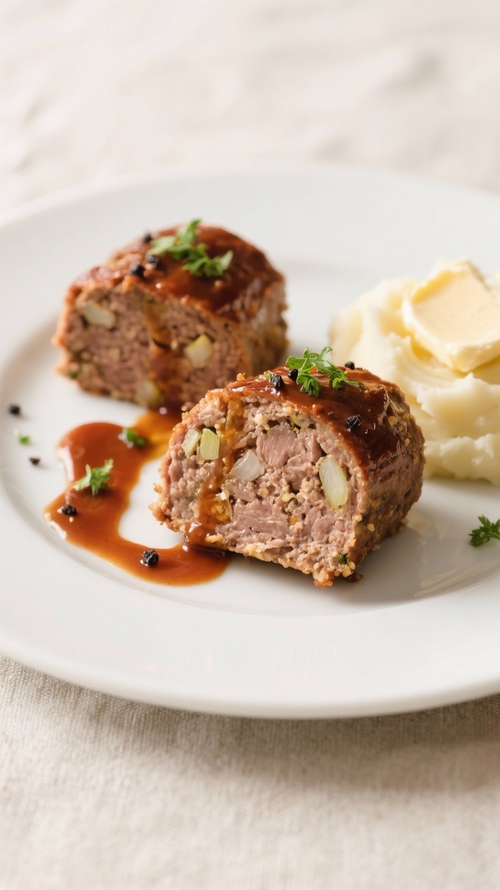 Final plated dish shot: Restaurant-quality presentation of two mini meatloaves on a matte white plat
