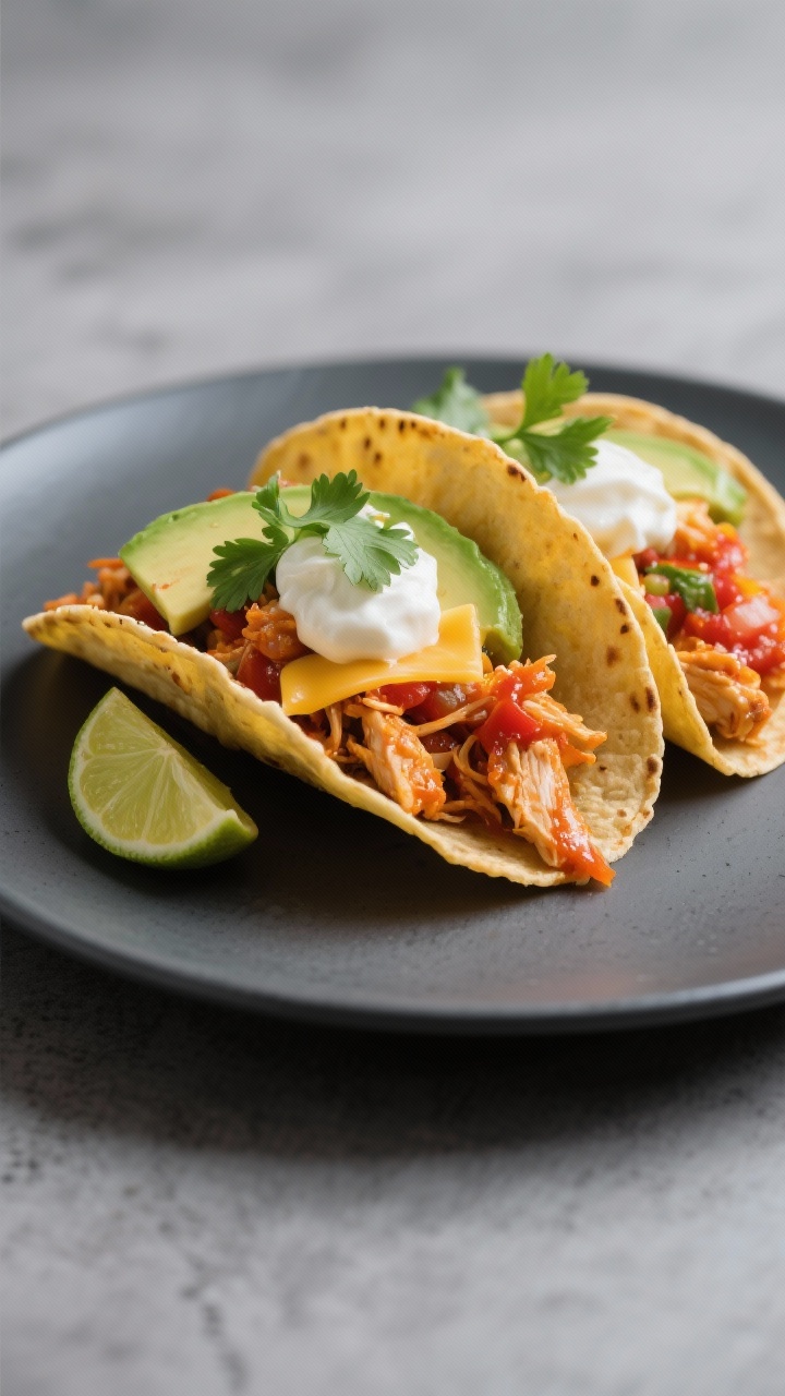 Final plated dish (taco presentation): Beautifully styled shredded salsa chicken tucked into warm co