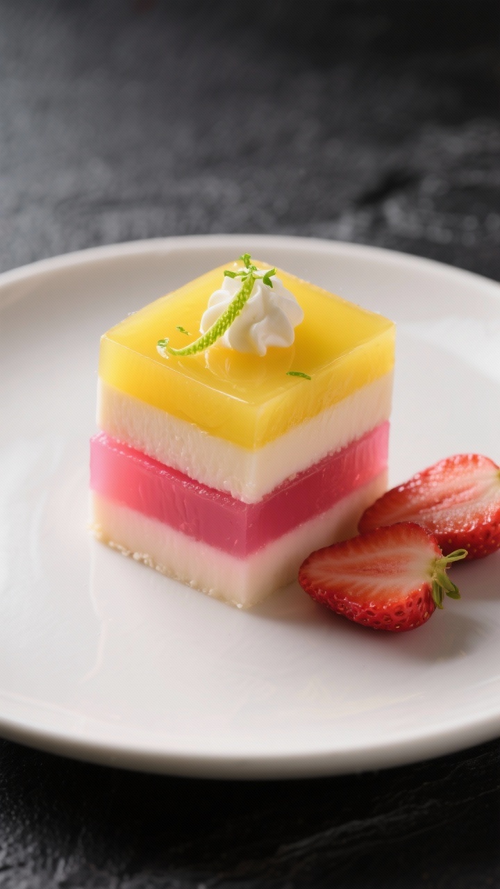 Final plated dish: Two-tone keto jello squares (strawberry-lemon) neatly stacked on a matte white pl
