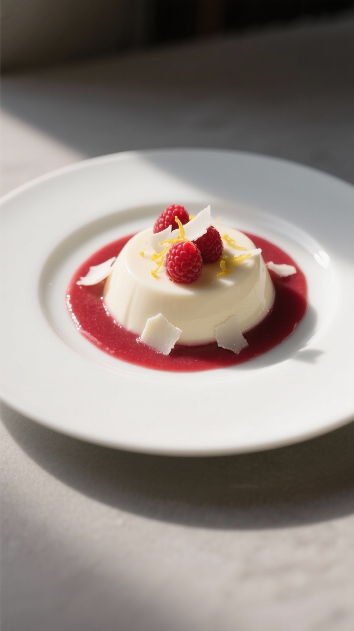 Final plated dish: Unmolded raspberry panna cotta centered on a matte white plate, elegant gentle wo