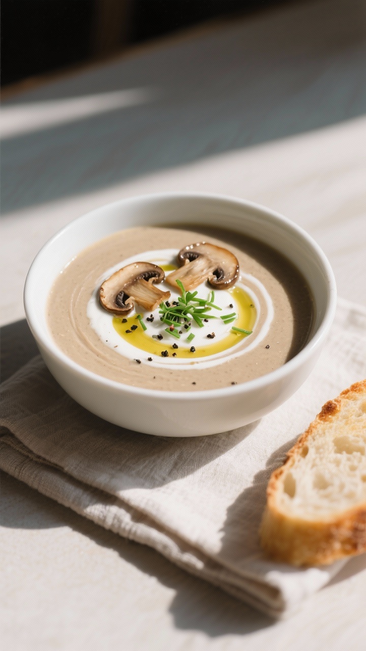 Final plated elegance: Silky blended mushroom soup in a matte white bowl, swirl of heavy cream, driz