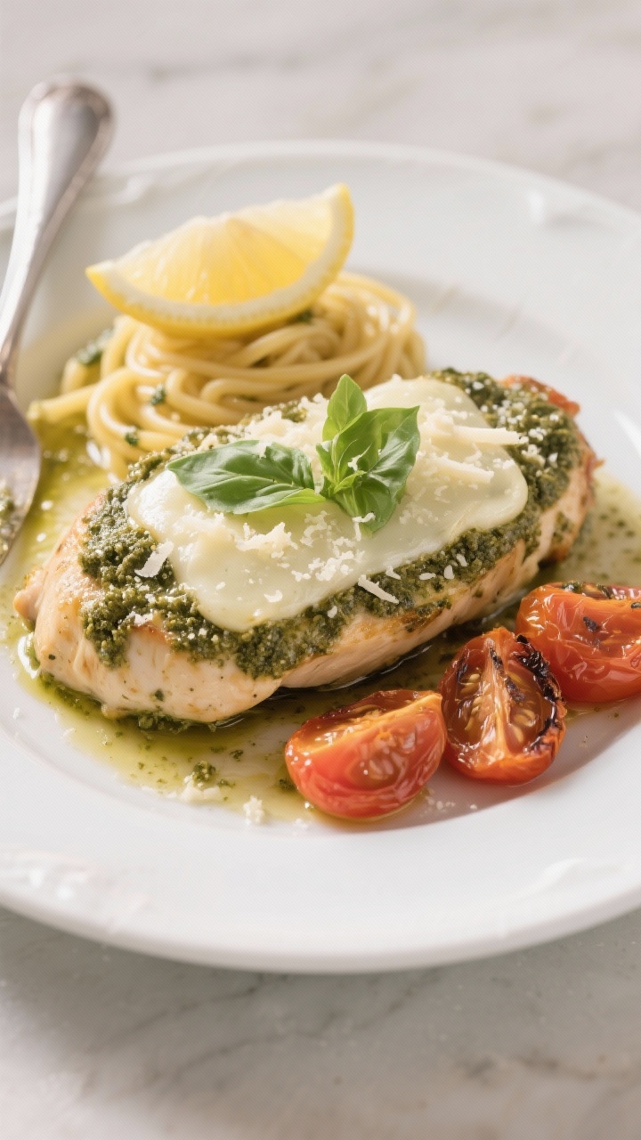 Final plated entree: Restaurant-style presentation of a single pesto chicken breast on a white ceram