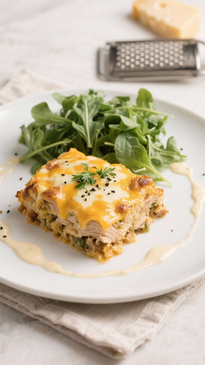 Final plated meal presentation: Restaurant-quality plating of Keto Turkey Casserole with a small sid