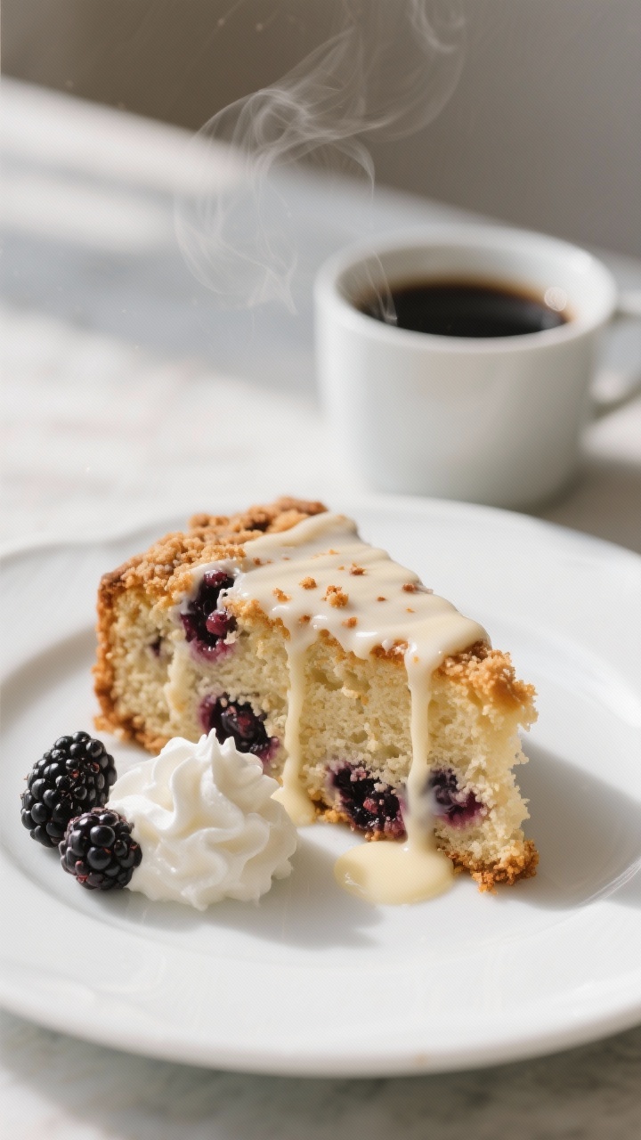 Final plated presentation: A generous slice of blackberry coffee cake on a simple white dessert plat