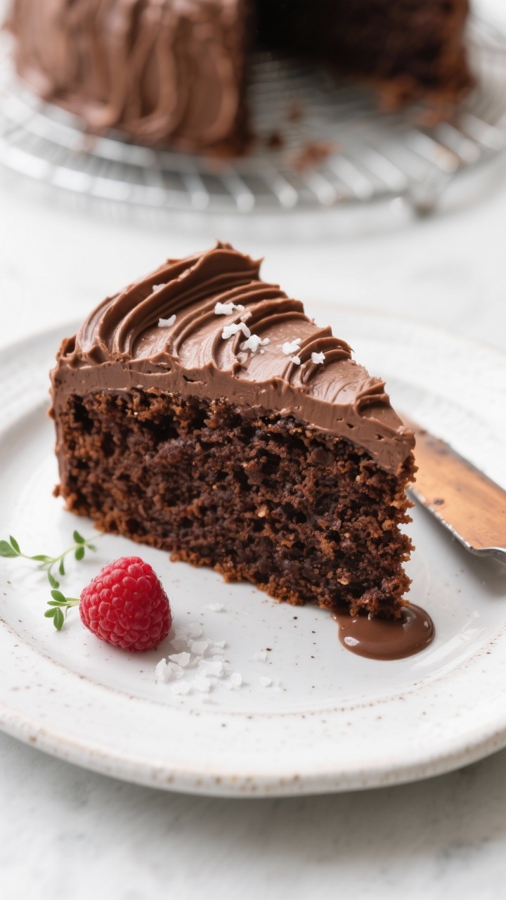 Final plated presentation: A generous slice of the keto chocolate cake on a white stoneware dessert 