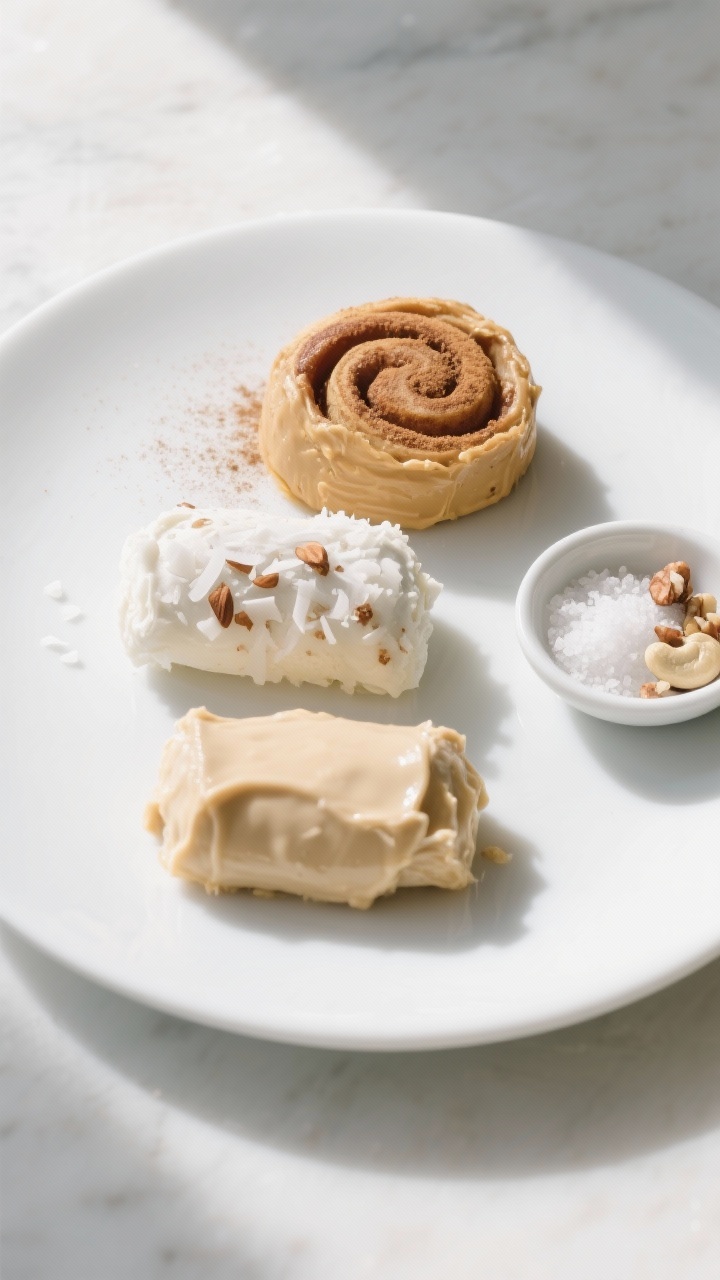 Final plated presentation: A minimalist white plate with three variations—cinnamon roll (almond bu
