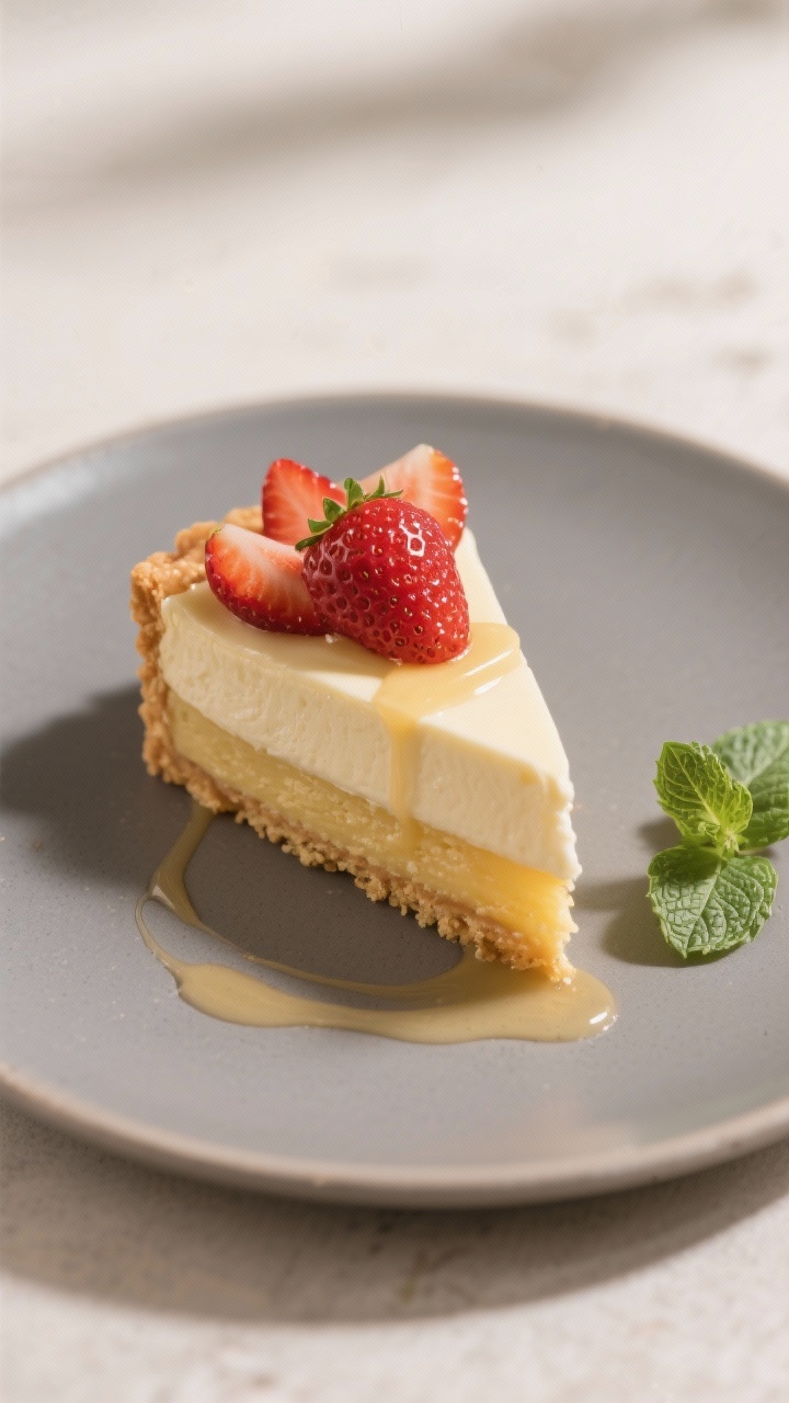 Final plated presentation: A neat slice of strawberry tart on a matte ceramic dessert plate, layers