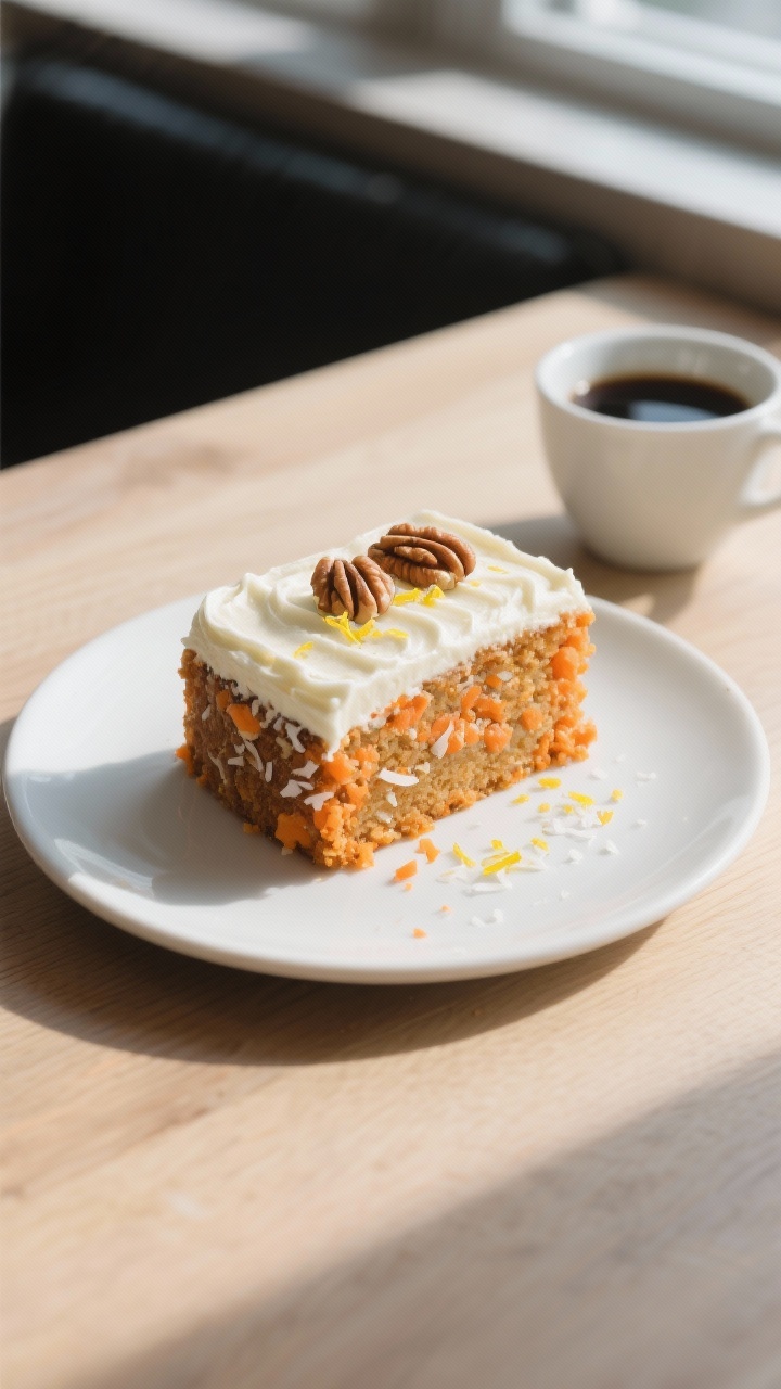 Final plated presentation: A single square slice of keto carrot cake on a matte white dessert plate,