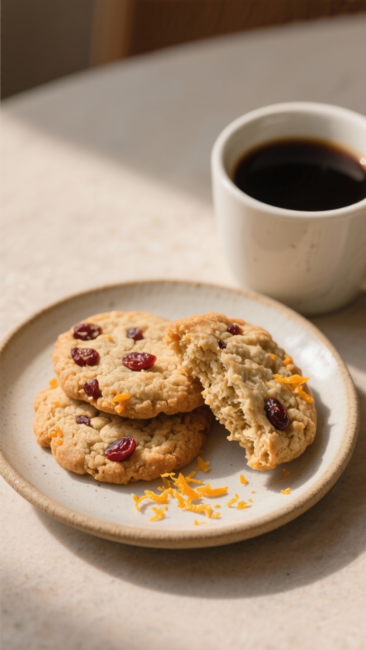 Final plated presentation: A small ceramic plate with three almond flour oatmeal cookies styled “C