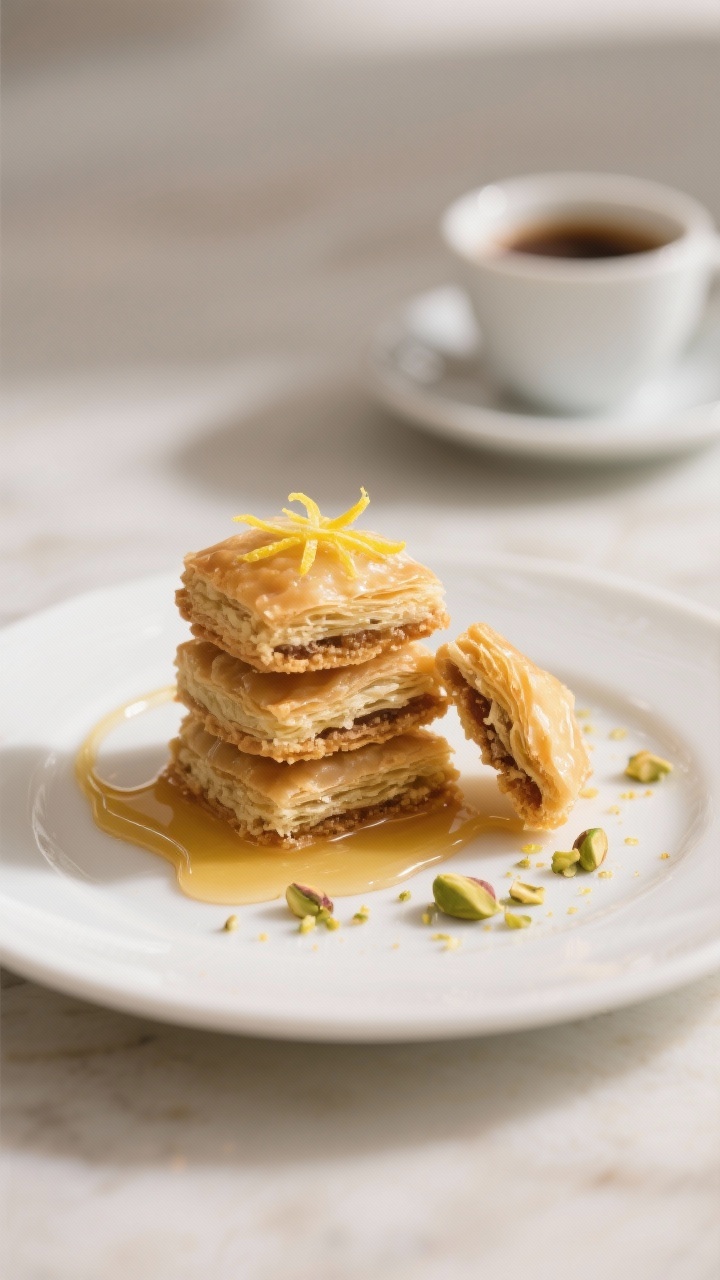 Final plated presentation: a small stack of baklava cookies on a simple white dessert plate, drizzle