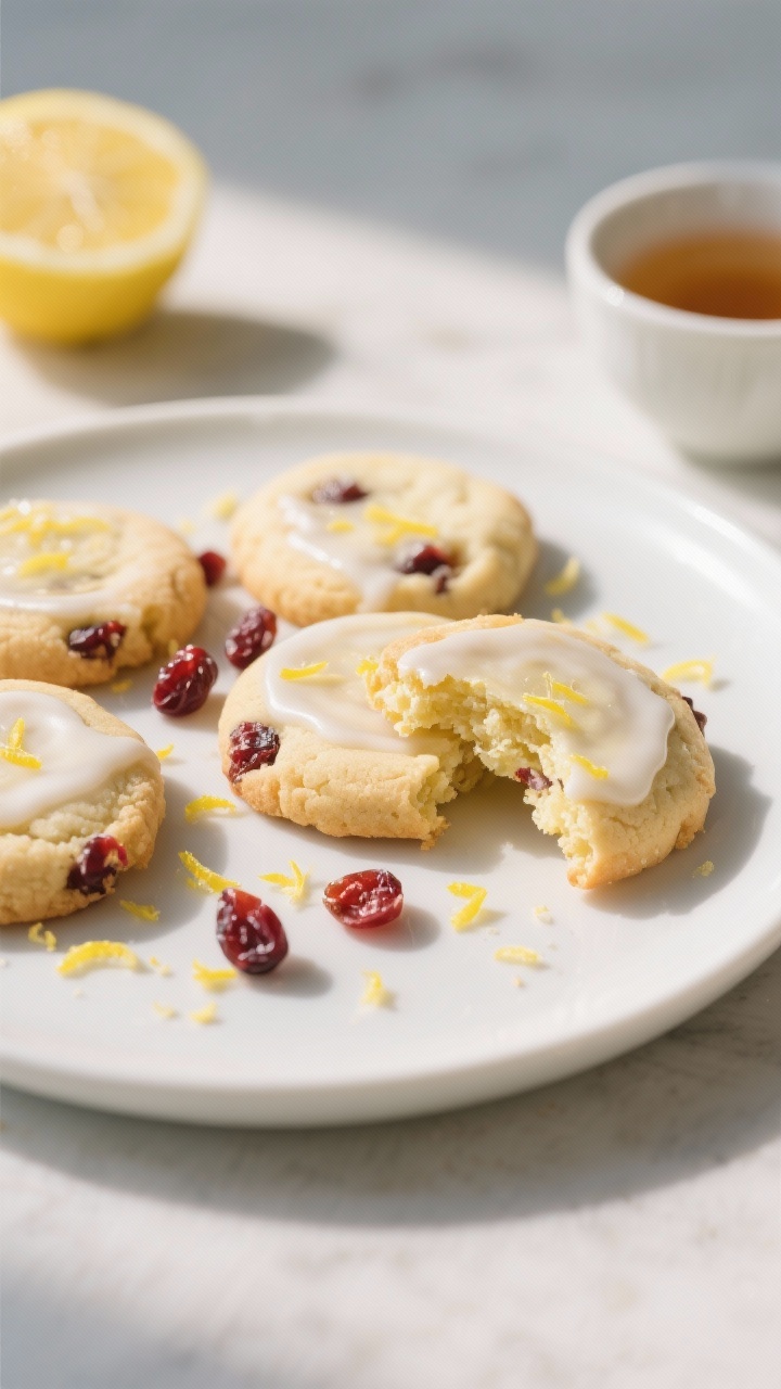 Final plated presentation: Bakery-style arrangement of Lemon Drizzle Cranberry Cookies on a matte wh