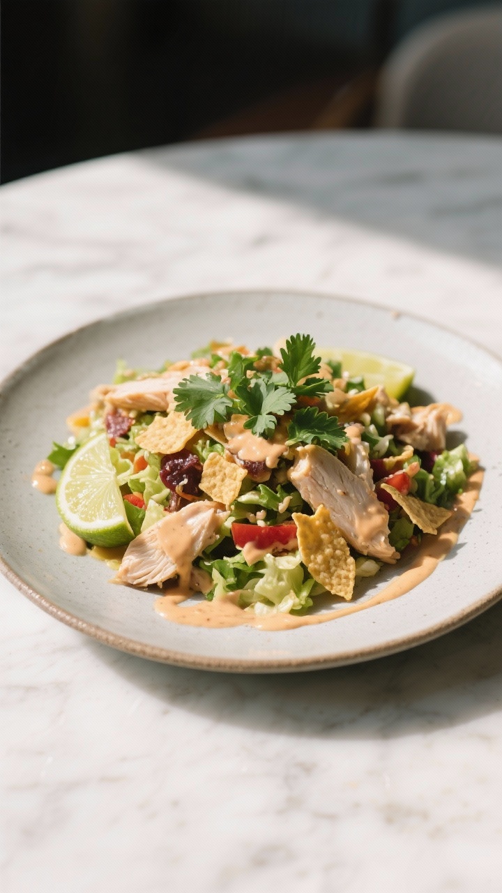 Final plated presentation: Restaurant-quality composed Southwest Chicken Salad on a wide, shallow ce