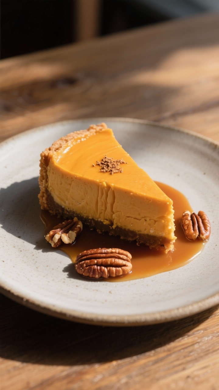 Final plated presentation: Restaurant-quality dessert plate featuring a neat wedge of pumpkin cheese
