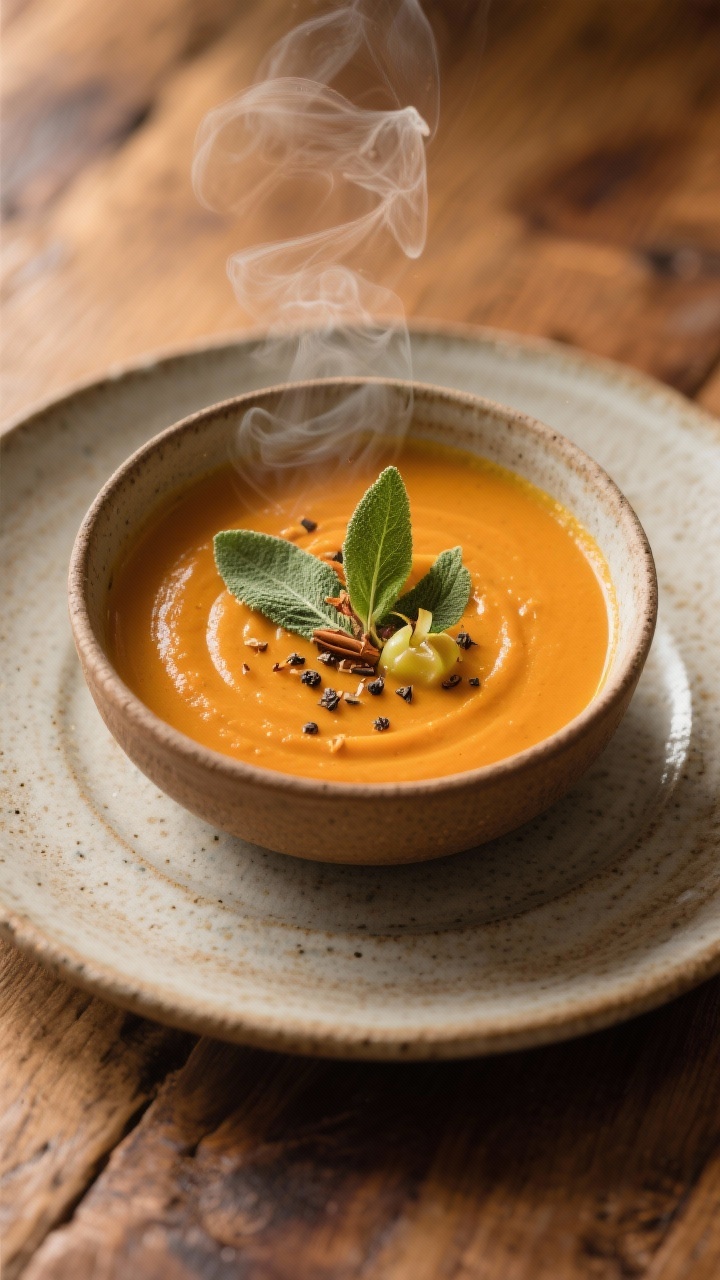 Final plated presentation: Restaurant-quality plating of the soup with a luxuriously smooth, thick c