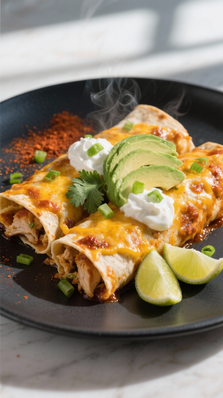 Final plated presentation: Restaurant-quality plate of finished keto chicken enchiladas (low-carb to