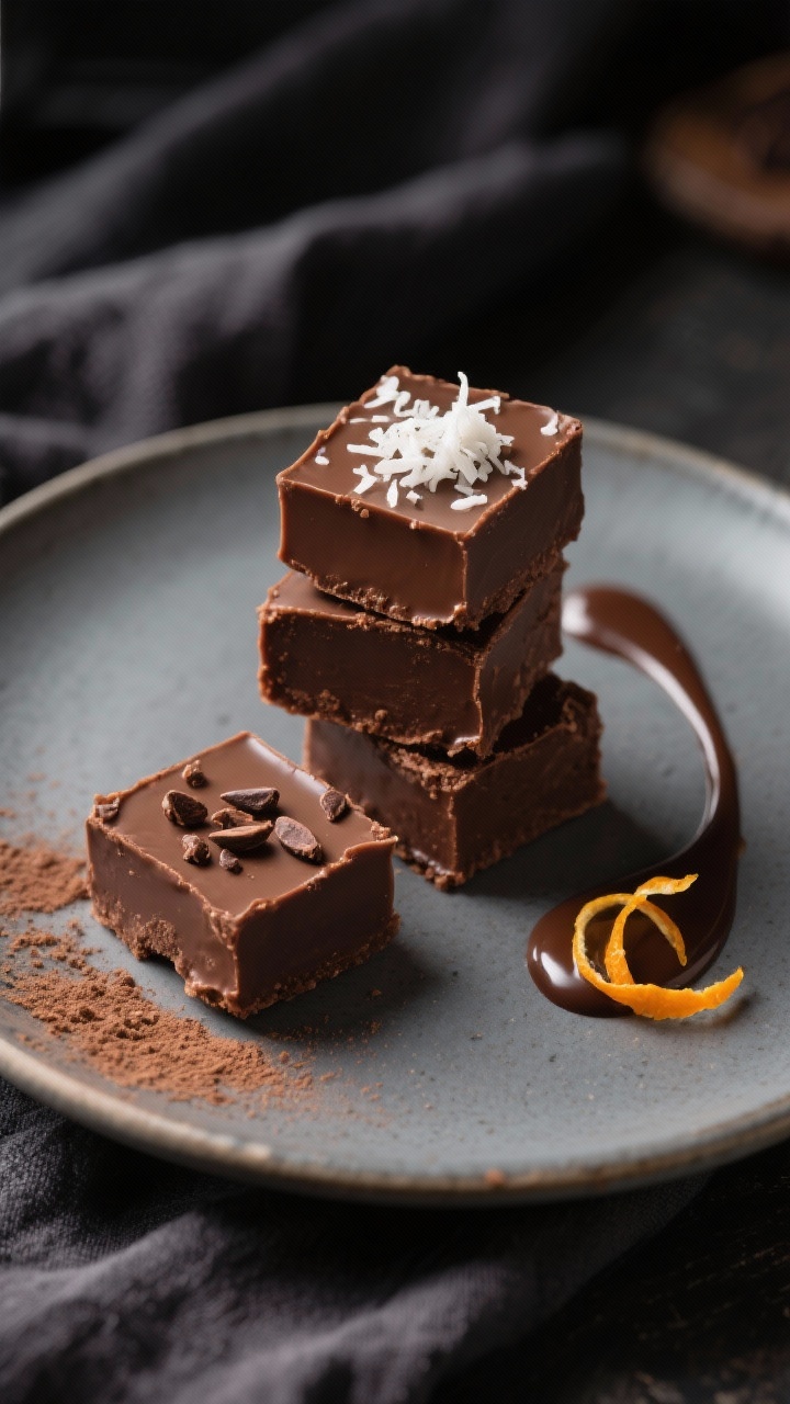 Final plated presentation: Restaurant-quality plating of chilled keto chocolate fudge squares on a s