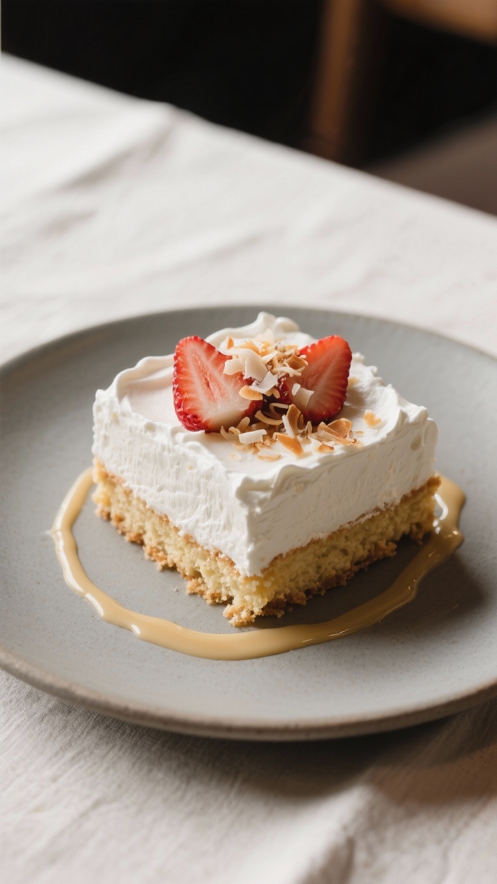 Final plated presentation — Restaurant-quality square of Tres Leches cake garnished with sliced st