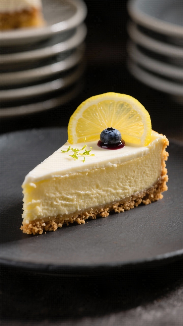 Final plated presentation: Restaurant-quality single slice of lemon cheesecake on a matte charcoal p