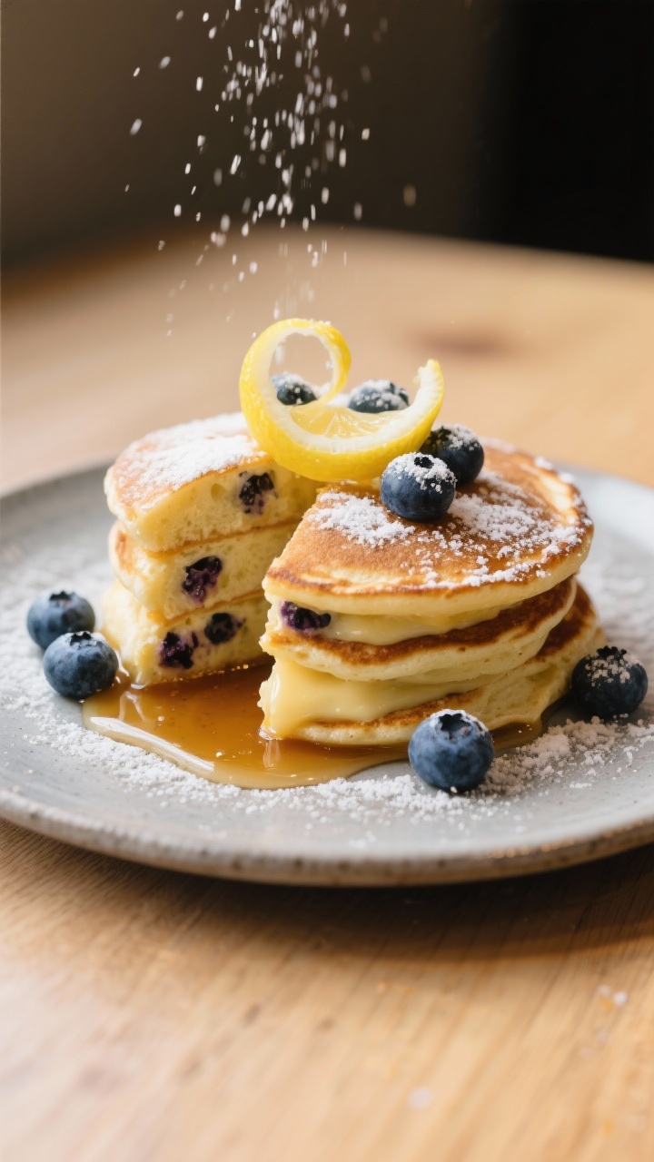 Final plated presentation: Restaurant-quality stack of pancakes sliced to reveal tender, custardy in