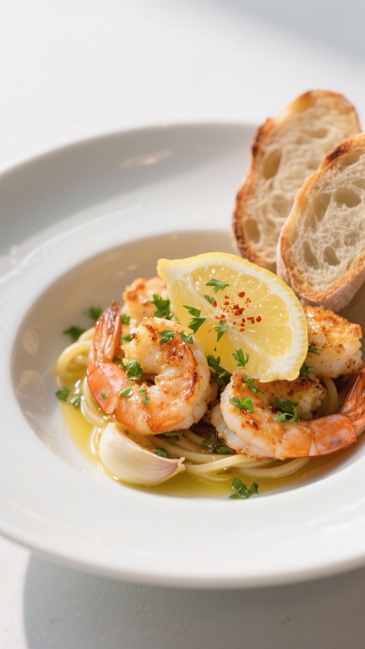 Final plated presentation: restaurant-style serving of baked shrimp scampi in a shallow white bowl, 