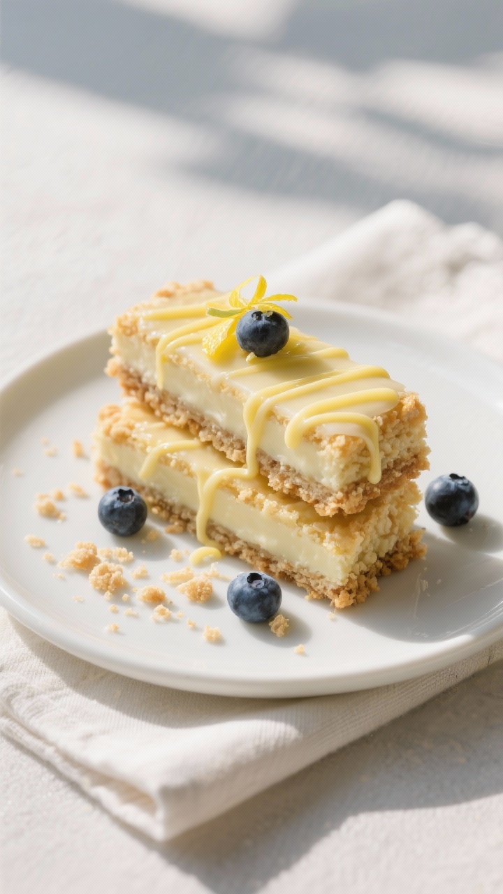Final plated presentation: Two bars stacked slightly offset on a small white ceramic plate, delicate