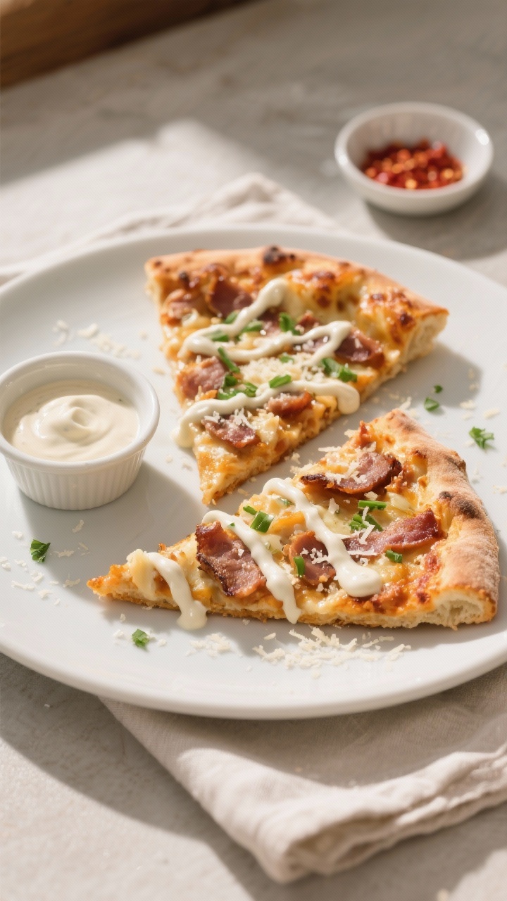 Final plated presentation: Two neatly cut slices of Chicken Bacon Ranch Pizza on a matte white plate