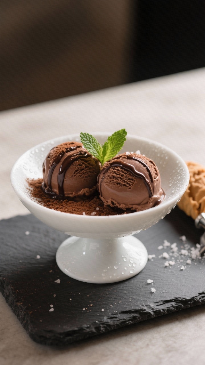 Final plated presentation: Two rounded scoops of keto chocolate ice cream in a chilled white coupe b
