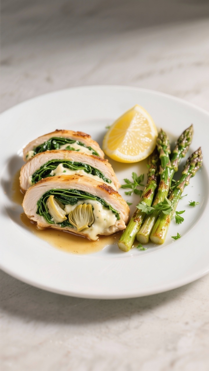 Final plated: Restaurant-quality presentation of a sliced spinach artichoke stuffed chicken breast f
