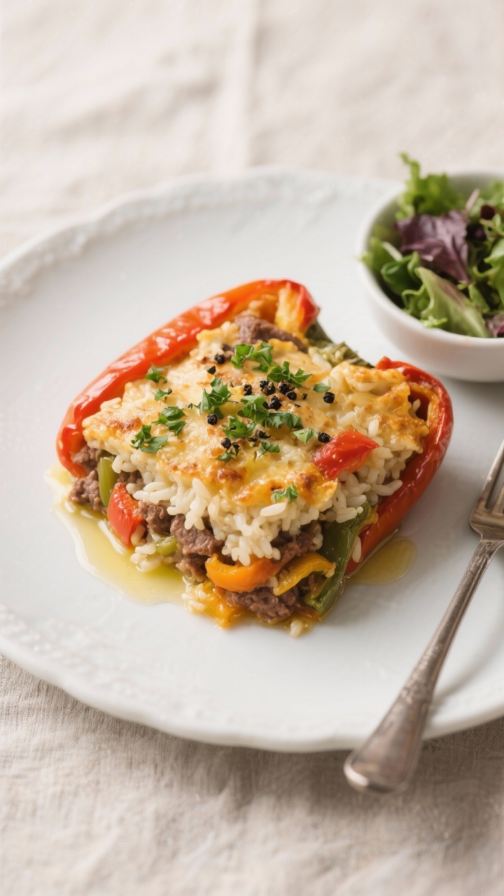 Final plated serving — cozy weeknight presentation: Beautifully plated square of stuffed pepper ca