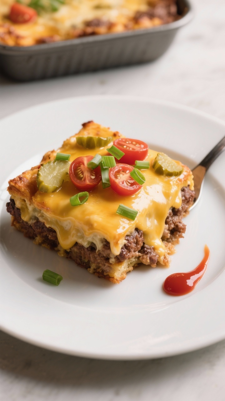 Final plated serving: Restaurant-quality presentation of a generous spooned square of Burger Bake on