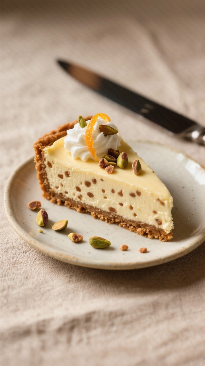 Final plated slice: A single, clean slice of cannoli cheesecake on a small porcelain plate, showing 