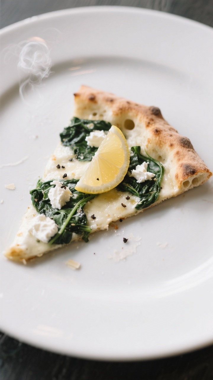 Final plated slice: A single slice of white spinach pizza on a matte white plate, crust showing airy