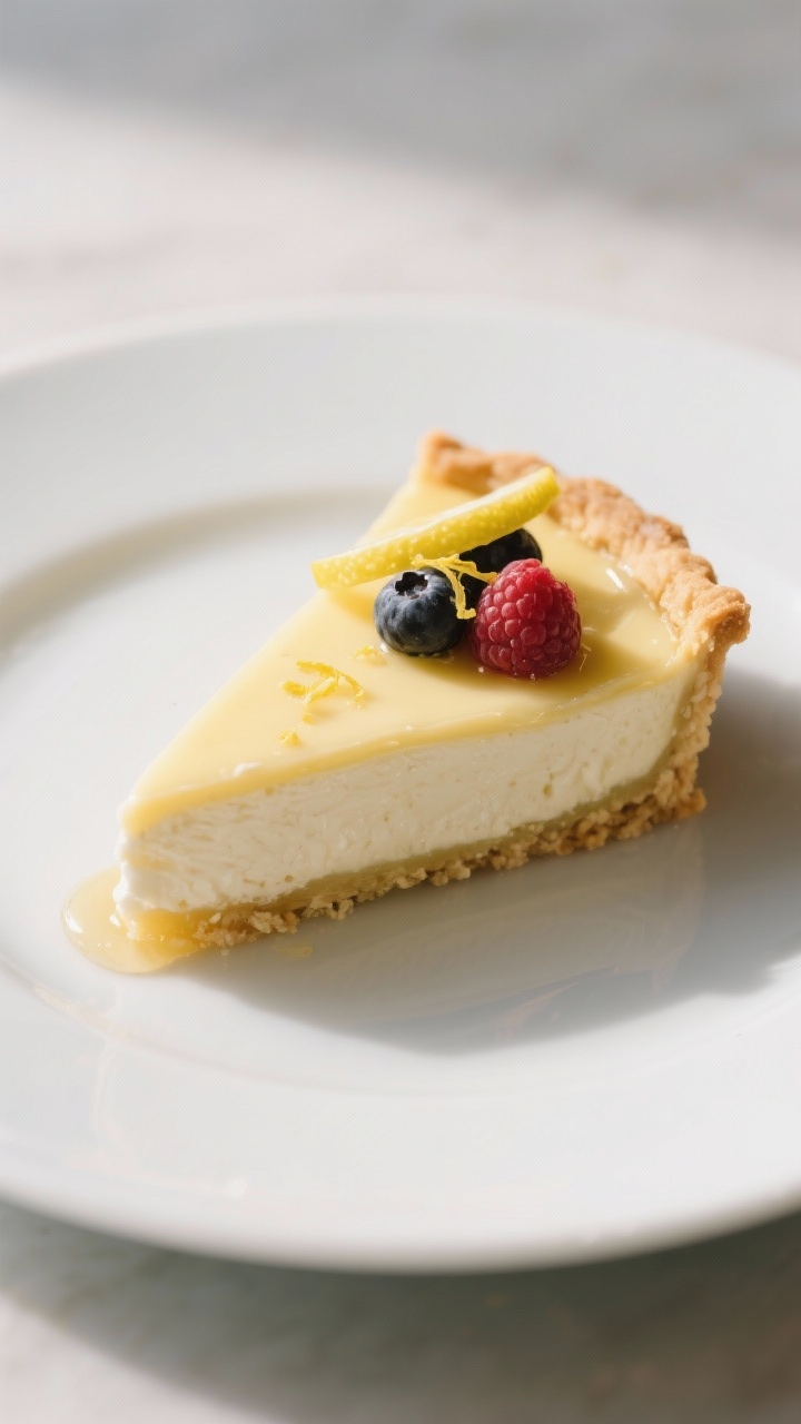 Final plated slice: Restaurant-quality presentation of a single slice of Lemon Ricotta Pie on a matt