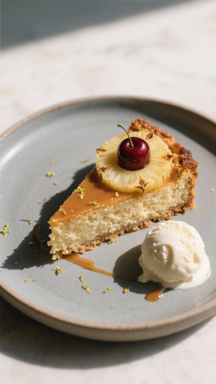 Final plated slice — top-down presentation: Overhead shot of a single slice served on a matte cera