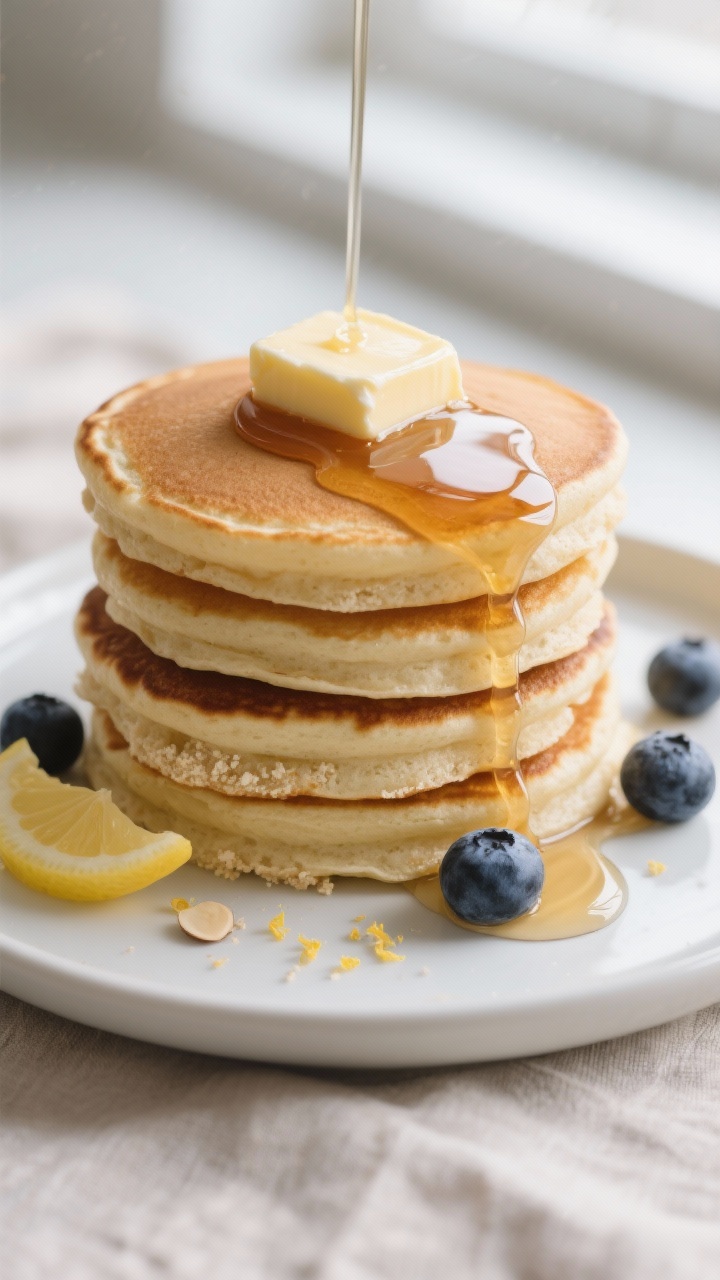 Final plated stack beauty shot: A tall stack of fluffy keto buttermilk pancakes on a matte white pla