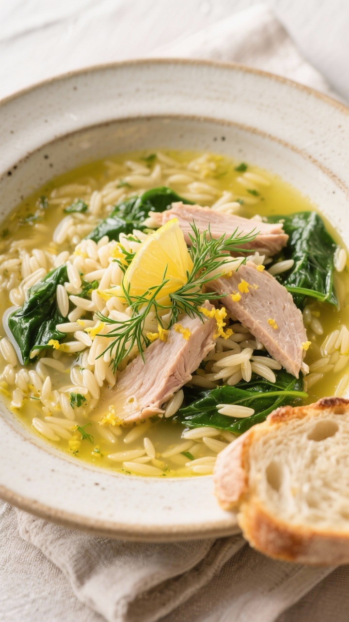 Final plated variation: Restaurant-style presentation of Lemon Herb Orzo Turkey Soup in a shallow ce