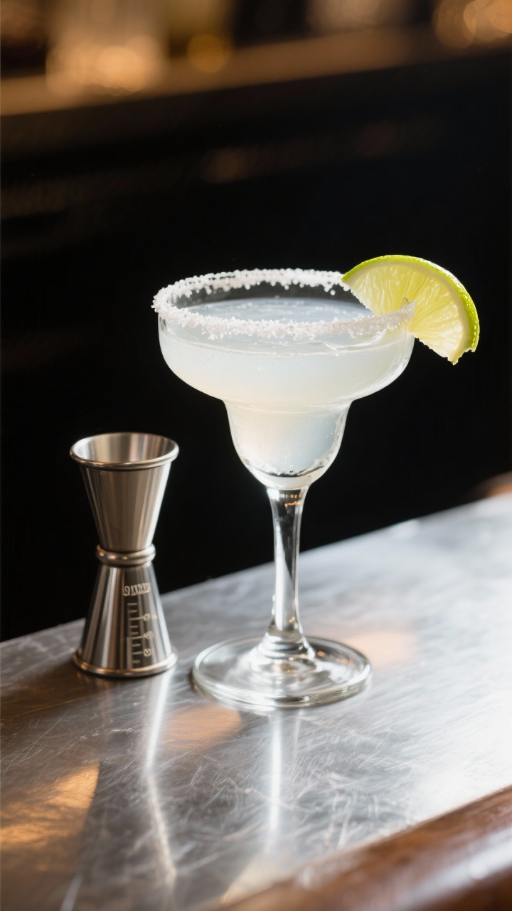 Final presentation — Bar-style cocktail scene featuring a chilled keto margarita in a coupe glass,