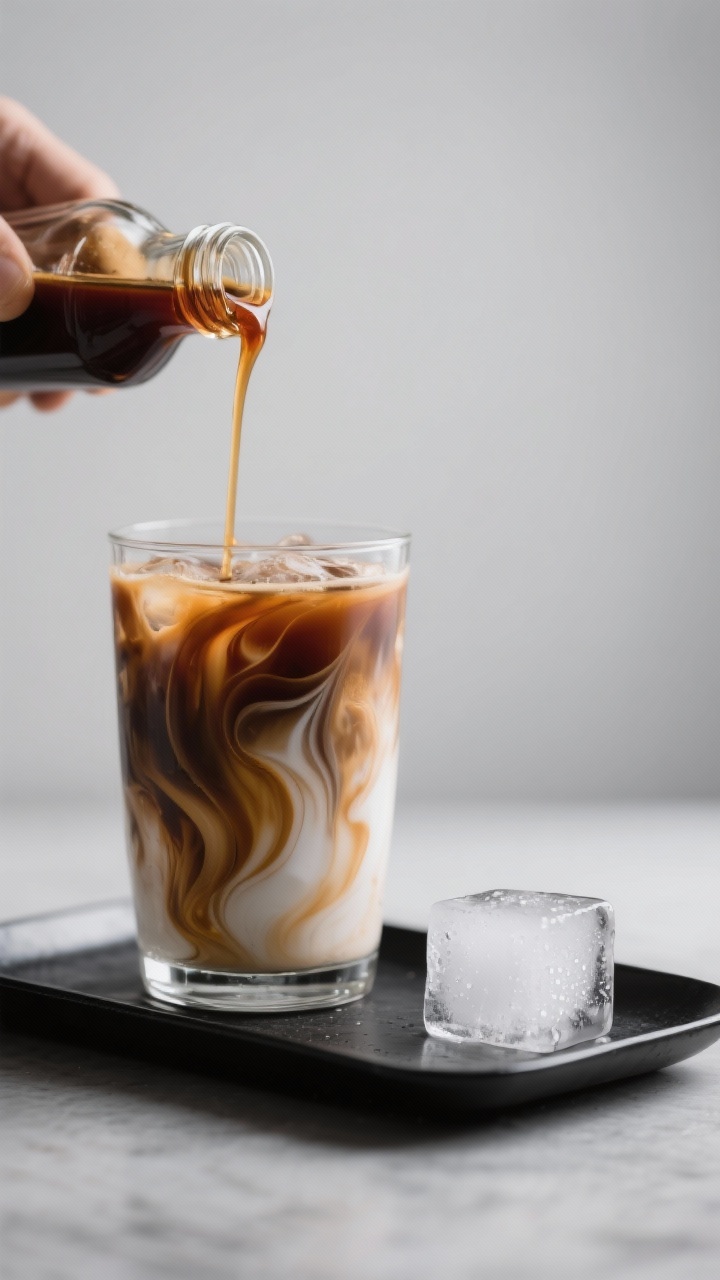 Final presentation: Beautifully styled iced coffee on a matte black tray, ribbons of homemade rich (