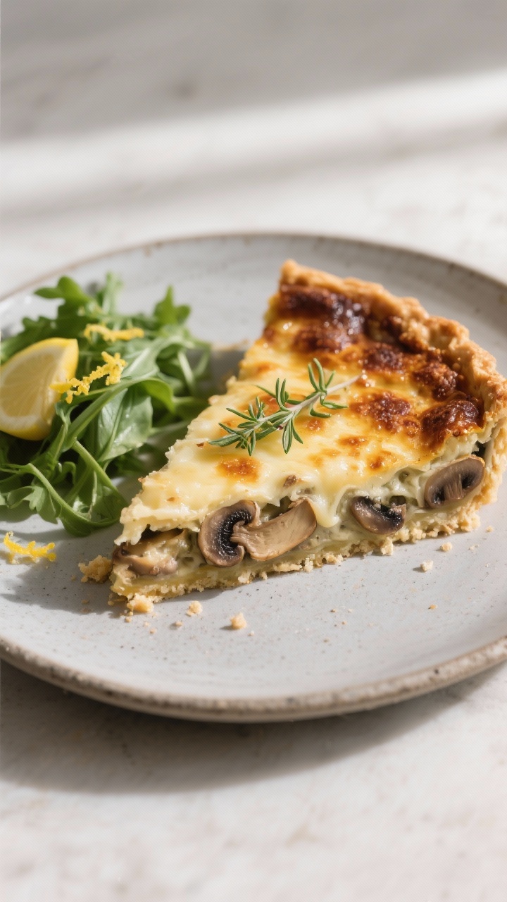 Final presentation: Bistro-style mushroom and Gruyère keto quiche plated for brunch—one generous 