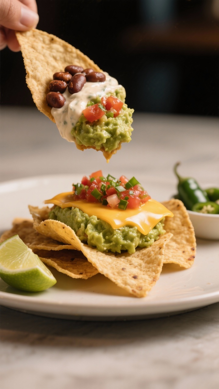 Final presentation hero shot: a corner scoop taken out to reveal distinct layers—seasoned beans, c