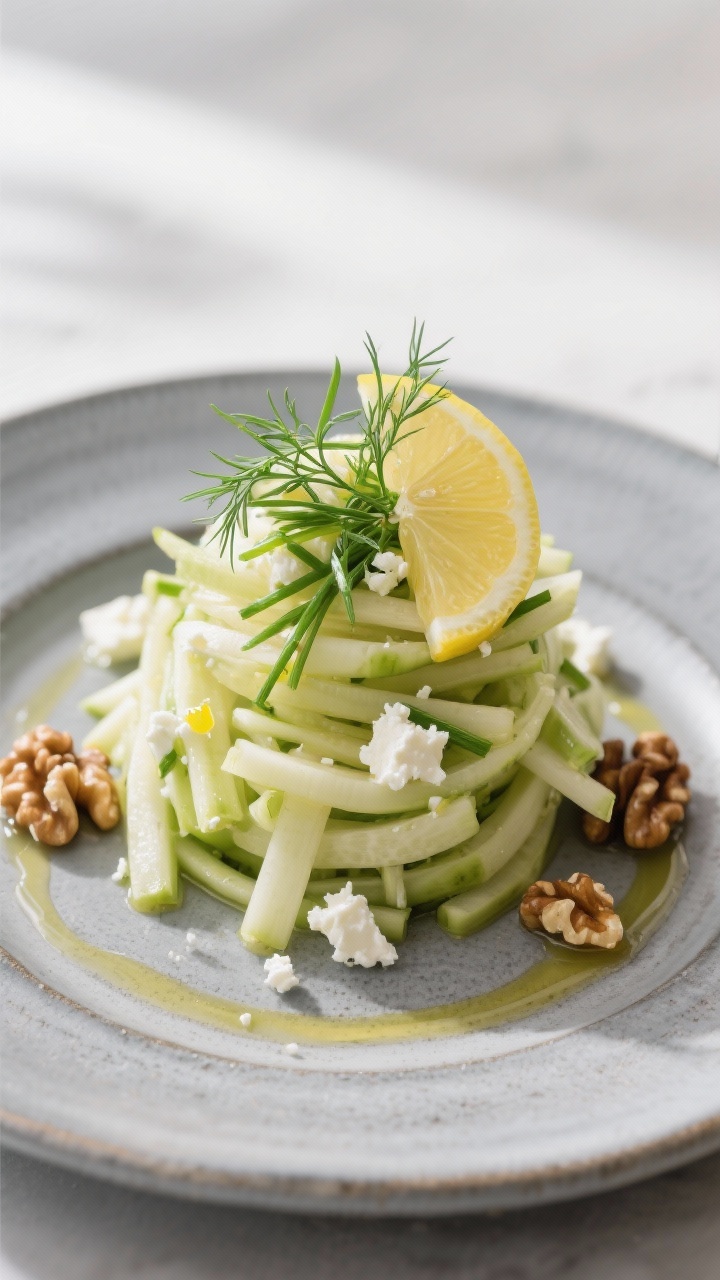 Final presentation: Restaurant-quality plated kohlrabi salad as a composed side dish—compact nest 