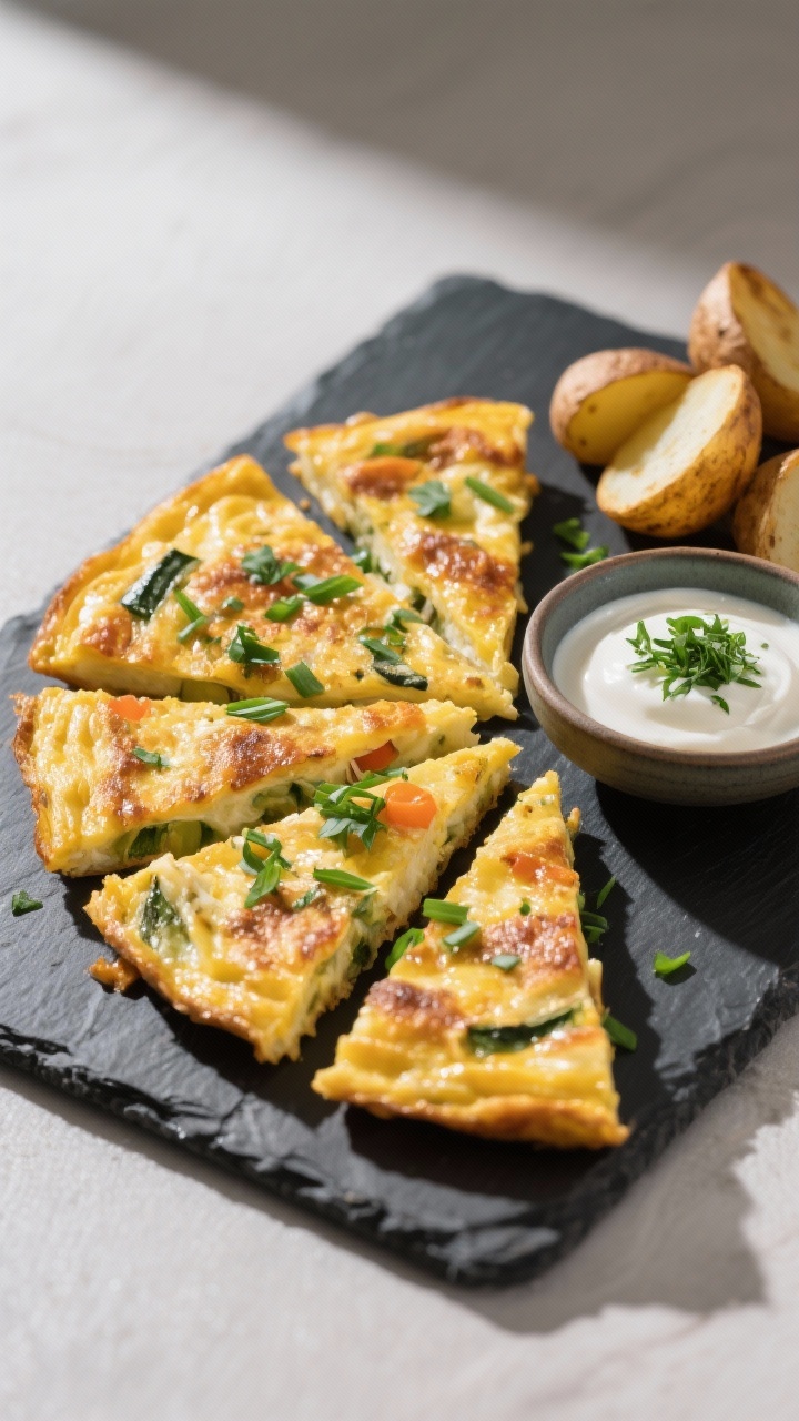 Final presentation: Restaurant-quality platter of the frittata sliced into neat wedges, arranged in 
