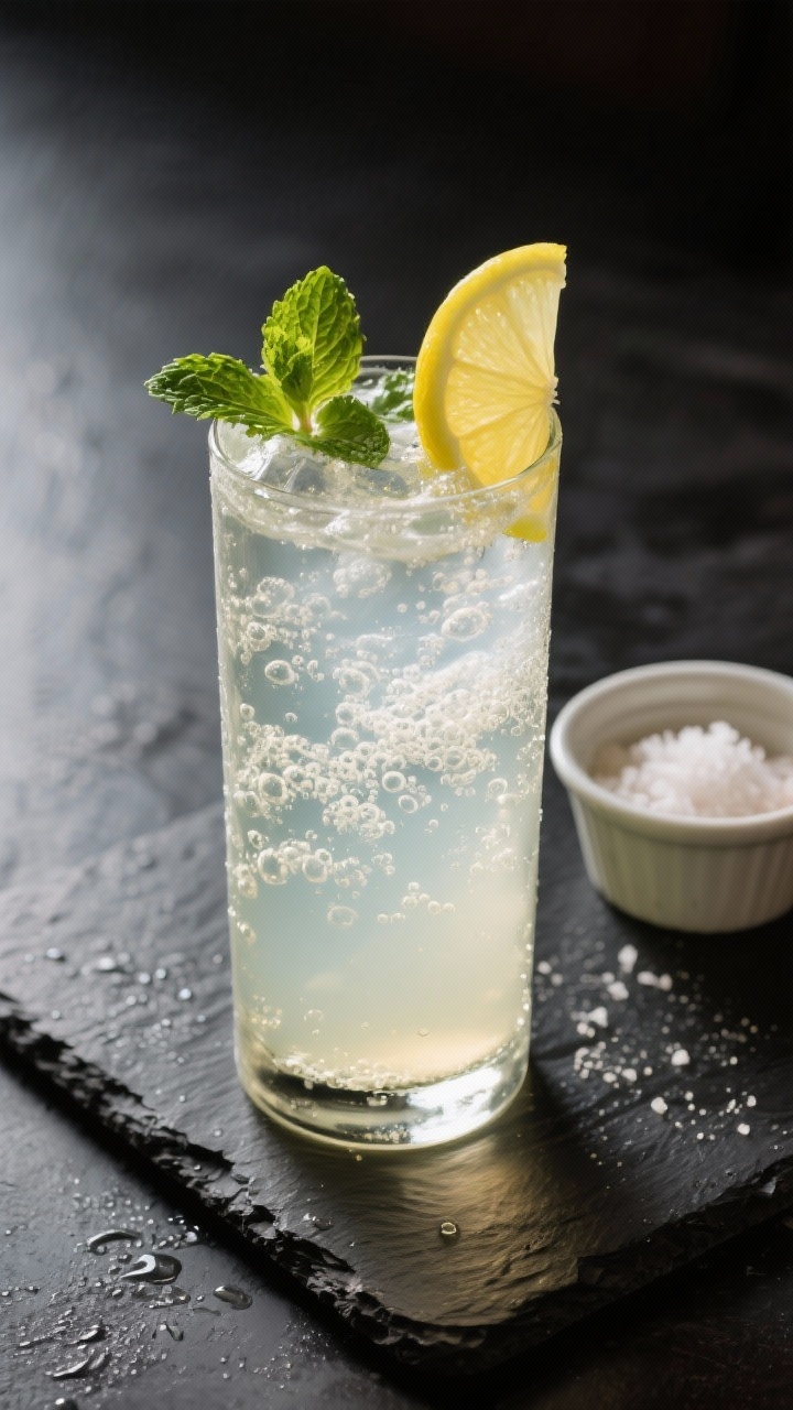 Final presentation: Restaurant-quality serving of sparkling lemonade in a tall highball, effervescen