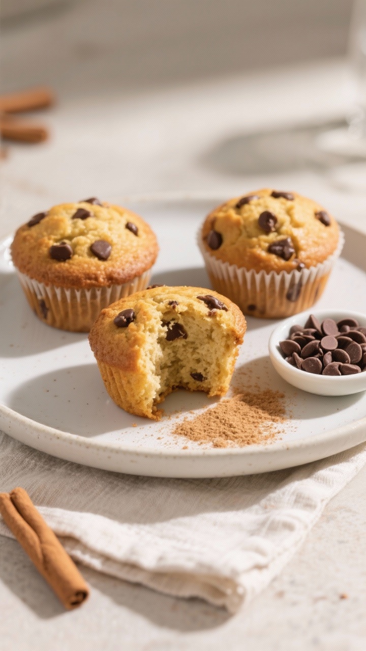 Final presentation shot: beautifully plated trio of keto chocolate chip muffins on a matte white pla
