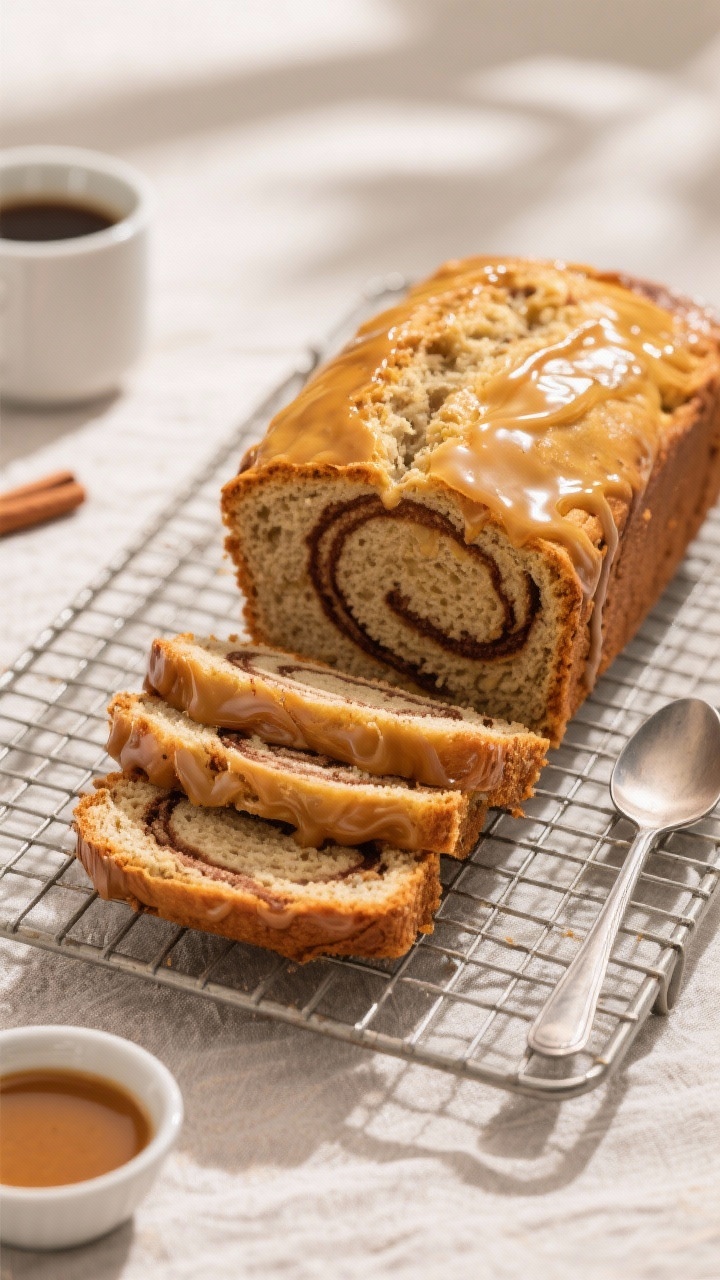 Final presentation shot of the whole keto cinnamon bread loaf cooling on a wire rack with a glossy k