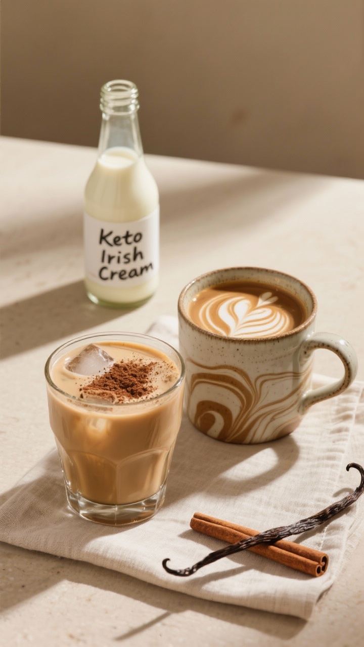 Final presentation shot: Restaurant-quality scene of keto Irish cream served two ways—one rocks gl